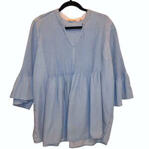 Soft Surroundings Light Wash Denim Tunic Top Size L Boho Pleated V Neck Casual